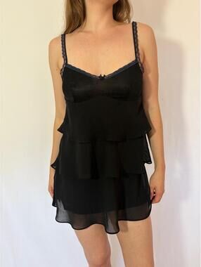 Goth Coquette Sheer Black Bow Ruffle Lingerie Cami Slip Tank Top